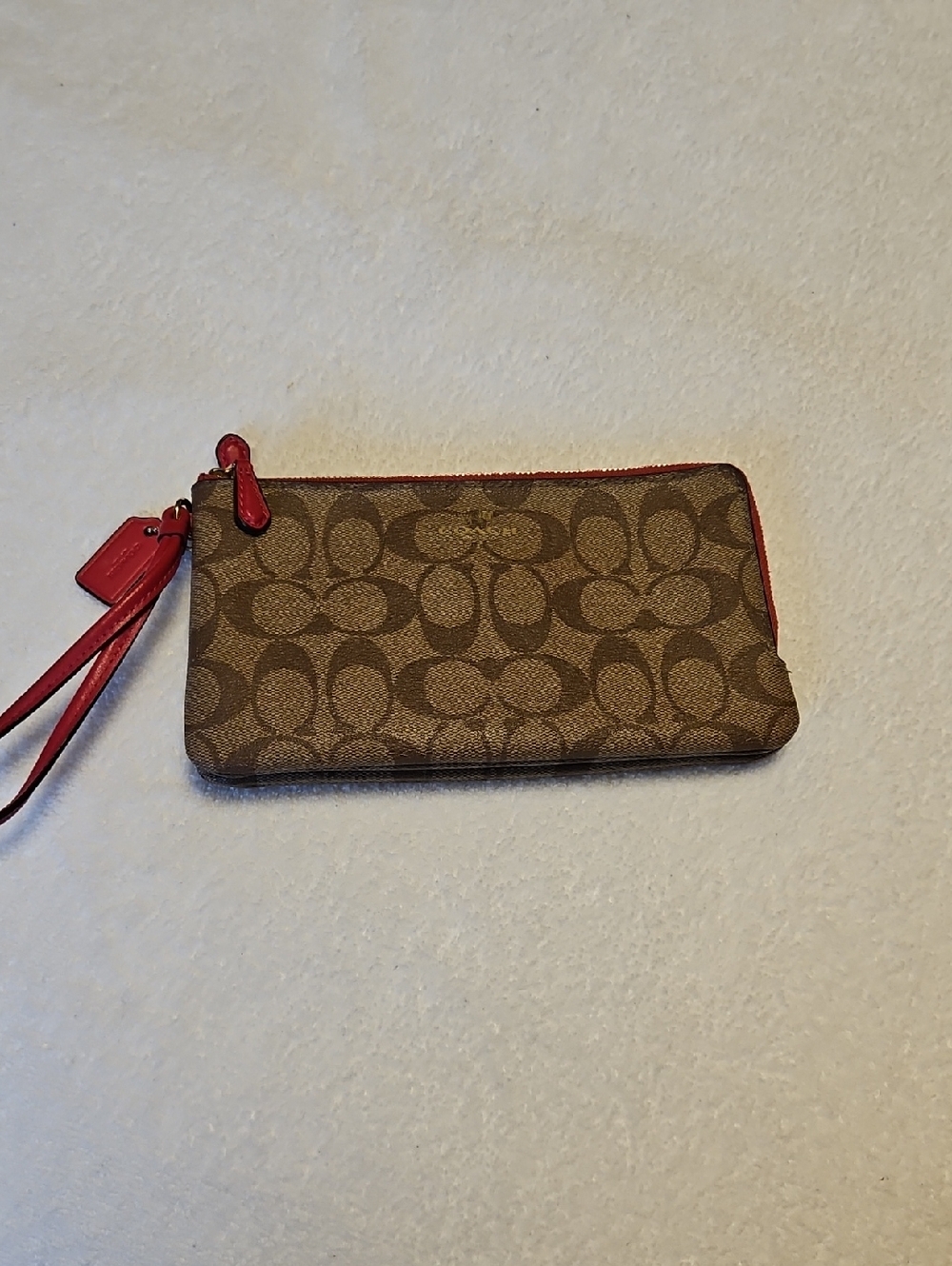 Coach Brown Signature Canvas Wristlet with Red Trim - Picture 2 of 10